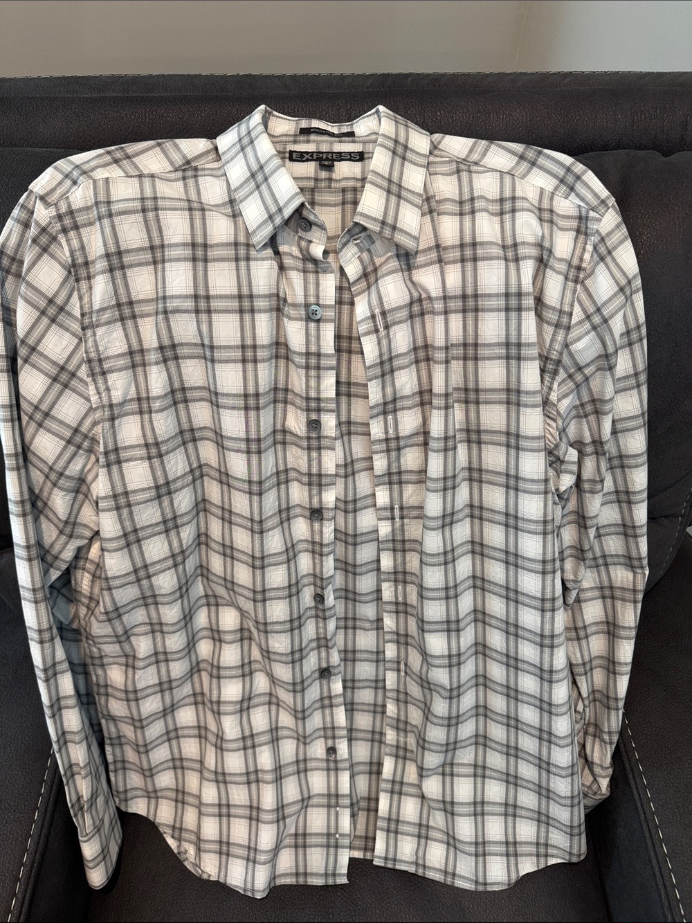 Express Men’s White and Gray Plaid Button-Down Shirt